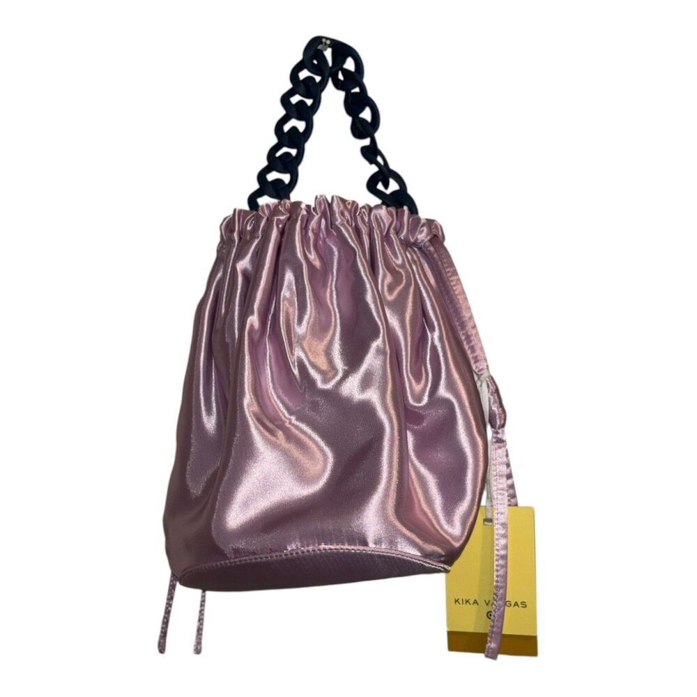 Kika Vargas Pink Satin Drawstring Bag Chain Handle Statement Purse